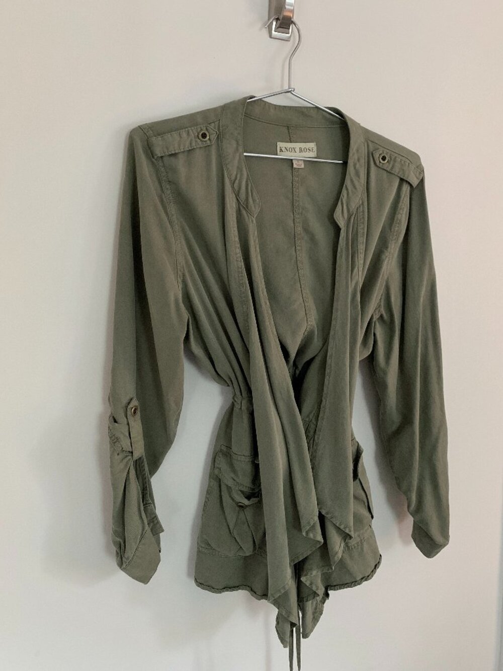 Utility Field Jacket Tie Front Boho Waterfall Draped Roll Tab Olive Green L